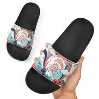Personalized Hawaii Back To School Slide Sandals Retro Rainbow Sun with Tropical Hibiscus Flowers TS04 - Polynesian Pride