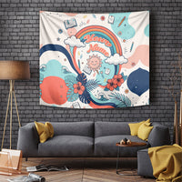 Personalized Hawaii Back To School Tapestry Retro Rainbow Sun with Tropical Hibiscus Flowers TS04 White Blue - Polynesian Pride