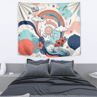 Personalized Hawaii Back To School Tapestry Retro Rainbow Sun with Tropical Hibiscus Flowers TS04 - Polynesian Pride