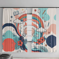 Personalized Hawaii Back To School Window Curtain Retro Rainbow Sun with Tropical Hibiscus Flowers TS04 With Hooks White Blue - Polynesian Pride