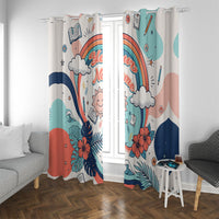 Personalized Hawaii Back To School Window Curtain Retro Rainbow Sun with Tropical Hibiscus Flowers TS04 With Grommets White Blue - Polynesian Pride