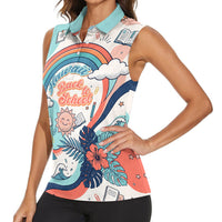Personalized Hawaii Back To School Women Sleeveless Polo Shirt Retro Rainbow Sun with Tropical Hibiscus Flowers TS04 - Polynesian Pride