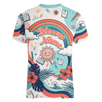 Personalized Hawaii Back To School Women V-Neck T-Shirt Retro Rainbow Sun with Tropical Hibiscus Flowers TS04 - Polynesian Pride