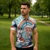 Personalized Hawaii Back To School Zipper Polo Shirt Retro Rainbow Sun with Tropical Hibiscus Flowers TS04 - Polynesian Pride
