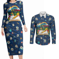 Personalized Hawaii Back To School Aloha Learning Couples Matching Long Sleeve Bodycon Dress and Long Sleeve Button Shirt Retro Rainbow open Notebook with Pineapple and Hibiscus Flowers TS04 Blue - Polynesian Pride