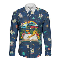 Personalized Hawaii Back To School Aloha Learning Long Sleeve Button Shirt Retro Rainbow open Notebook with Pineapple and Hibiscus Flowers TS04 Unisex Blue - Polynesian Pride