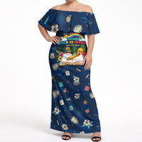 Personalized Hawaii Back To School Aloha Learning Off Shoulder Maxi Dress Retro Rainbow open Notebook with Pineapple and Hibiscus Flowers TS04 Women Blue - Polynesian Pride
