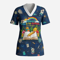 Personalized Hawaii Back To School Aloha Learning Scrub Top Retro Rainbow open Notebook with Pineapple and Hibiscus Flowers TS04 Adult Blue - Polynesian Pride