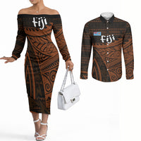 Straight Outta Kadavu Fiji Couples Matching Off The Shoulder Long Sleeve Dress and Long Sleeve Button Shirt Tribal Polynesian Tattoo Coat Of Arms Flag TS04 Brown Black - Polynesian Pride