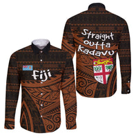 Straight Outta Kadavu Fiji Family Matching Summer Maxi Dress and Hawaiian Shirt Tribal Polynesian Tattoo Coat Of Arms Flag TS04 Dad's Shirt - Long Sleeve Brown Black - Polynesian Pride