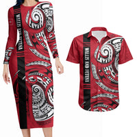 Wallis And Futuna Couples Matching Long Sleeve Bodycon Dress and Hawaiian Shirt Tribal Polynesian Tattoo Flag Motif TS04 Red Black - Polynesian Pride
