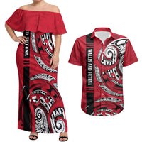 Wallis And Futuna Couples Matching Off Shoulder Maxi Dress and Hawaiian Shirt Tribal Polynesian Tattoo Flag Motif TS04 Red Black - Polynesian Pride