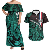 Wallis And Futuna Couples Matching Off Shoulder Maxi Dress and Hawaiian Shirt Tribal Polynesian Tattoo Heritage Cross Flag TS04 Green Black - Polynesian Pride