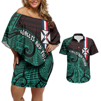 Wallis And Futuna Couples Matching Off Shoulder Short Dress and Hawaiian Shirt Tribal Polynesian Tattoo Heritage Cross Flag TS04 Green Black - Polynesian Pride
