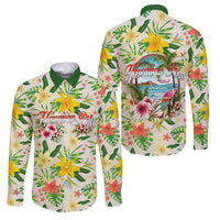 Hawaiian Piko Threads Of Paradise Aloha Family Matching Off Shoulder Maxi Dress and Hawaiian Shirt Tropical Hibiscus Plumeria TS04 Dad's Shirt - Long Sleeve White Green - Polynesian Pride