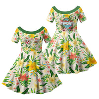Hawaiian Piko Threads Of Paradise Aloha Family Matching Off Shoulder Maxi Dress and Hawaiian Shirt Tropical Hibiscus Plumeria TS04 Daughter's Dress White Green - Polynesian Pride