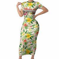 Hawaiian Piko Threads Of Paradise Aloha Short Sleeve Bodycon Dress Tropical Hibiscus Plumeria TS04 Long Dress White Green - Polynesian Pride