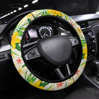 Hawaiian Piko Threads Of Paradise Aloha Steering Wheel Cover Tropical Hibiscus Plumeria TS04 Universal Fit White Green - Polynesian Pride