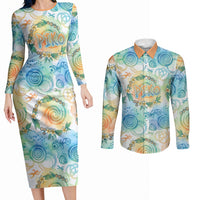 Hawaiian Piko Cultural Pride Aloha Couples Matching Long Sleeve Bodycon Dress and Long Sleeve Button Shirt Watercolor Spiral Art - Tropical Plumeria Lei Garland TS04 White Blue - Polynesian Pride