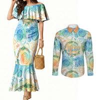 Hawaiian Piko Cultural Pride Aloha Couples Matching Mermaid Dress and Long Sleeve Button Shirt Watercolor Spiral Art - Tropical Plumeria Lei Garland TS04 White Blue - Polynesian Pride