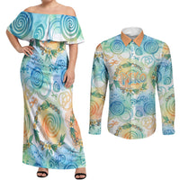 Hawaiian Piko Cultural Pride Aloha Couples Matching Off Shoulder Maxi Dress and Long Sleeve Button Shirt Watercolor Spiral Art - Tropical Plumeria Lei Garland TS04 White Blue - Polynesian Pride