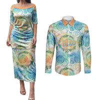 Hawaiian Piko Cultural Pride Aloha Couples Matching Puletasi and Long Sleeve Button Shirt Watercolor Spiral Art - Tropical Plumeria Lei Garland TS04 White Blue - Polynesian Pride