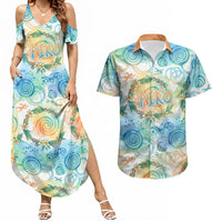 Hawaiian Piko Cultural Pride Aloha Couples Matching Summer Maxi Dress and Hawaiian Shirt Watercolor Spiral Art - Tropical Plumeria Lei Garland TS04 White Blue - Polynesian Pride