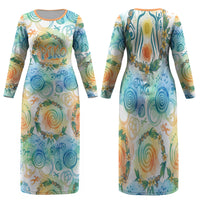 Hawaiian Piko Cultural Pride Aloha Family Matching Long Sleeve Bodycon Dress and Hawaiian Shirt Watercolor Spiral Art - Tropical Plumeria Lei Garland TS04 Mom's Dress White Blue - Polynesian Pride