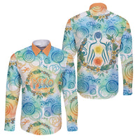 Hawaiian Piko Cultural Pride Aloha Family Matching Tank Maxi Dress and Hawaiian Shirt Watercolor Spiral Art - Tropical Plumeria Lei Garland TS04 Dad's Shirt - Long Sleeve White Blue - Polynesian Pride