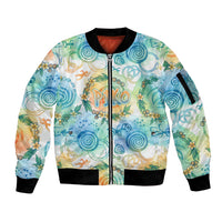 Hawaiian Piko Cultural Pride Aloha Sleeve Zip Bomber Jacket Watercolor Spiral Art - Tropical Plumeria Lei Garland TS04 Unisex White Blue - Polynesian Pride
