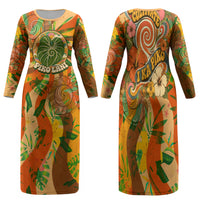 Hawaiian Piko Lani Cultivate I Ka Piko Aloha Family Matching Long Sleeve Bodycon Dress and Hawaiian Shirt Retro Psychedelic Taro Leaf - Hibiscus Flowers TS04 Mom's Dress Orange Green - Polynesian Pride
