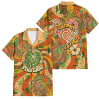 Hawaiian Piko Lani Cultivate I Ka Piko Aloha Family Matching Long Sleeve Bodycon Dress and Hawaiian Shirt Retro Psychedelic Taro Leaf - Hibiscus Flowers TS04 Dad's Shirt - Short Sleeve Orange Green - Polynesian Pride