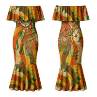 Hawaiian Piko Lani Cultivate I Ka Piko Aloha Family Matching Mermaid Dress and Hawaiian Shirt Retro Psychedelic Taro Leaf - Hibiscus Flowers TS04 Mom's Dress Orange Green - Polynesian Pride