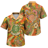 Hawaiian Piko Lani Cultivate I Ka Piko Aloha Family Matching Mermaid Dress and Hawaiian Shirt Retro Psychedelic Taro Leaf - Hibiscus Flowers TS04 Son's Shirt Orange Green - Polynesian Pride