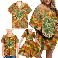 Hawaiian Piko Lani Cultivate I Ka Piko Aloha Family Matching Off Shoulder Short Dress and Hawaiian Shirt Retro Psychedelic Taro Leaf - Hibiscus Flowers