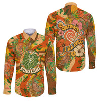 Hawaiian Piko Lani Cultivate I Ka Piko Aloha Family Matching Tank Maxi Dress and Hawaiian Shirt Retro Psychedelic Taro Leaf - Hibiscus Flowers TS04 Dad's Shirt - Long Sleeve Orange Green - Polynesian Pride