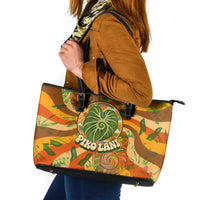 Hawaiian Piko Lani Cultivate I Ka Piko Aloha Leather Tote Bag Retro Psychedelic Taro Leaf - Hibiscus Flowers TS04 Orange Green - Polynesian Pride