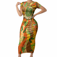 Hawaiian Piko Lani Cultivate I Ka Piko Aloha Short Sleeve Bodycon Dress Retro Psychedelic Taro Leaf - Hibiscus Flowers TS04 Long Dress Orange Green - Polynesian Pride