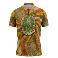 Hawaiian Piko Lani Cultivate I Ka Piko Aloha Zipper Polo Shirt Retro Psychedelic Taro Leaf - Hibiscus Flowers TS04 Orange Green - Polynesian Pride