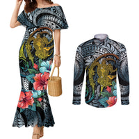 Hawaii Turtle Couples Matching Mermaid Dress and Long Sleeve Button Shirts Hawaii Pattern and Turtle Tattoo Dark Cyan Gradient TS04 Gradient - Polynesian Pride