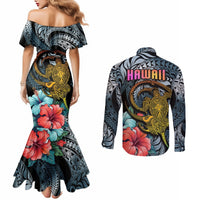 Hawaii Turtle Couples Matching Mermaid Dress and Long Sleeve Button Shirts Hawaii Pattern and Turtle Tattoo Dark Cyan Gradient TS04 - Polynesian Pride