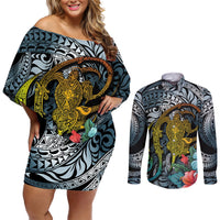 Hawaii Turtle Couples Matching Off Shoulder Short Dress and Long Sleeve Button Shirts Hawaii Pattern and Turtle Tattoo Dark Cyan Gradient TS04 Gradient - Polynesian Pride