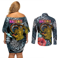 Hawaii Turtle Couples Matching Off Shoulder Short Dress and Long Sleeve Button Shirts Hawaii Pattern and Turtle Tattoo Dark Cyan Gradient TS04 - Polynesian Pride