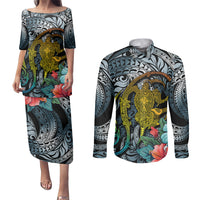 Hawaii Turtle Couples Matching Puletasi Dress and Long Sleeve Button Shirts Hawaii Pattern and Turtle Tattoo Dark Cyan Gradient TS04 Gradient - Polynesian Pride