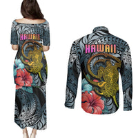 Hawaii Turtle Couples Matching Puletasi Dress and Long Sleeve Button Shirts Hawaii Pattern and Turtle Tattoo Dark Cyan Gradient TS04 - Polynesian Pride