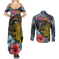 Hawaii Turtle Couples Matching Summer Maxi Dress and Long Sleeve Button Shirts Hawaii Pattern and Turtle Tattoo Dark Cyan Gradient TS04 - Polynesian Pride