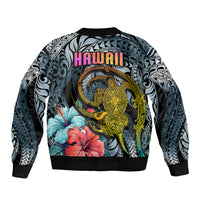 Hawaii Turtle Sleeve Zip Bomber Jacket Hawaii Pattern and Turtle Tattoo Dark Cyan Gradient TS04 - Polynesian Pride