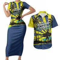Waimanalo Oahu Hawaii Surfing Couples Matching Short Sleeve Bodycon Dress and Hawaiian Shirt Tropical Beach Retro Sunburst Surfboard TS04 Yellow Blue - Polynesian Pride