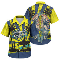 Waimanalo Oahu Hawaii Surfing Family Matching Off The Shoulder Long Sleeve Dress and Hawaiian Shirt Tropical Beach Retro Sunburst Surfboard TS04 Son's Shirt Yellow Blue - Polynesian Pride