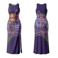 Waimanalo Hawaii Sun Rabbit Family Matching Tank Maxi Dress and Hawaiian Shirt Psychedelic Trippy Neon Swirl Graphic TS04 Mom's Dress Purple Green - Polynesian Pride